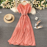 Women Neploe Slim Fit Long Chiffon Pleated Solid Color Elegant V-neck Drawstring New French Style Dress