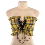 Plaid Ruffle Lace Up Tank Top Boho Yellow Crop Off Shoulder Backless