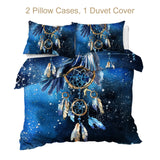 Dreamcatcher Queen Size Feather Blue Printed Duvet Cover Boho 3pcs Bed Set