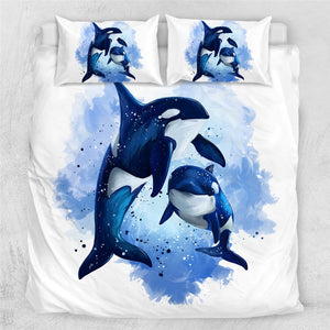 Orcinus Orca Duvet Cover Killer Whales Marine Life Ocean Blue Watercolor Bedding 3pcs Set