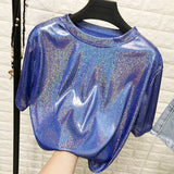 Women's Retro Style Bright Silk Shiny Loose Short Sleeve Aesthetic Top