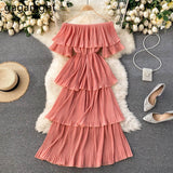 Women Glamorous Slim Fairy Slash Neck Short Sleeve Cake Knee-Length Robe Dress