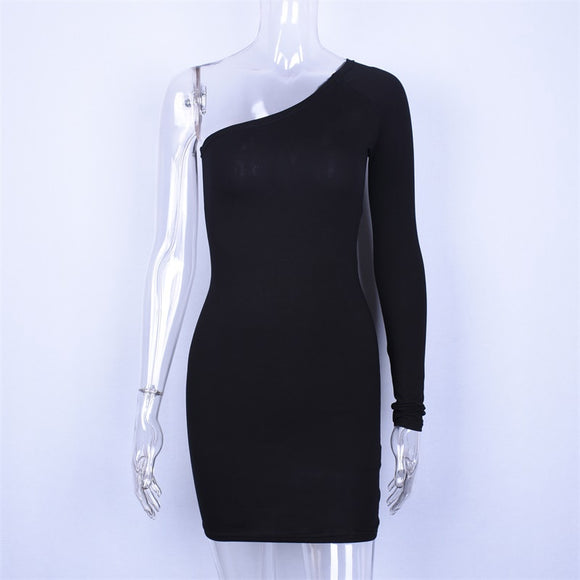 Women's Cotton One Shoulder Slope Long Sleeve High Waist Bodycon Dress