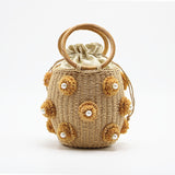 Handmade Rhinestone Crystal Embellished Straw Bucket Lady Travel Purses Handbags