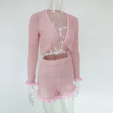Cute Ruffled Mesh Trim Pink Shorts Set Two Piece Women Boho Knitted Crop Top High Waist
