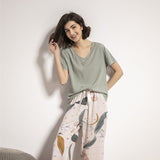 Women Floral Printed V Neck Short Sleeve Elastic Waist Nightwear Retro Pajamas Set
