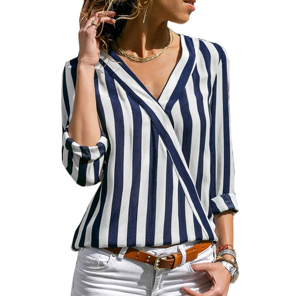 Women Striped Shirt Long Sleeve Blouse V-neck Top