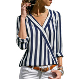Women Striped Shirt Long Sleeve Blouse V-neck Top
