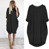 Feitong Plus Size Boho Womens Pocket Loose Crew Neck Mini Dress