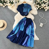 Women Print Two Piece O Neck Short Top Hight Waist Pleated Skirt Set