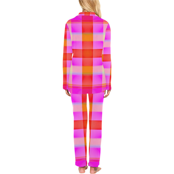 Orange Pink Plaid Women's Long Pajama Set (Sets 02)