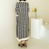 Women V-Neck Long Knitted Coat Houndstooth Vest Dress Two-Piece Set