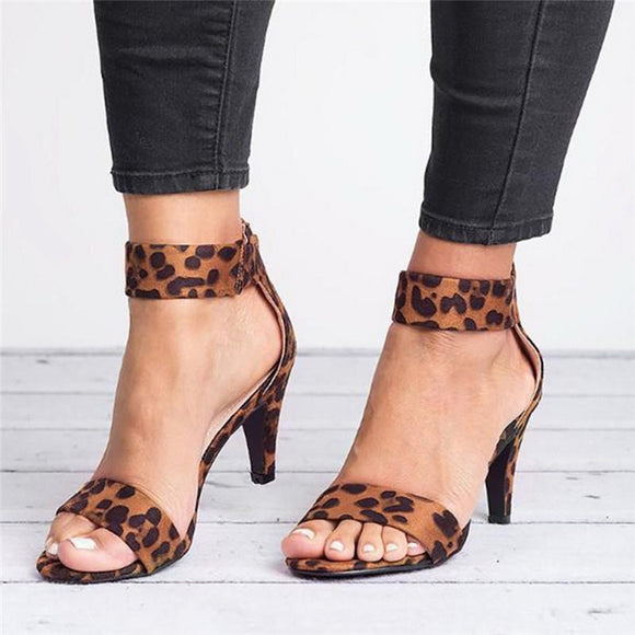 Women's Flock Square Leopard High Heels Buckle Strap Sandals