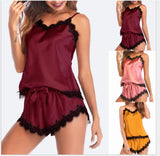 Women Sleeveless Lingerie Lace V-Neck Polyester Pajama Set