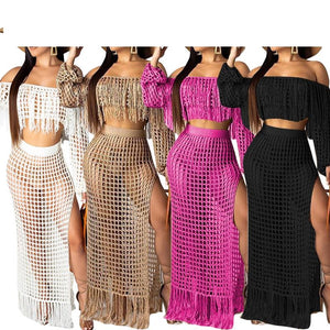 Women's Fish Net Tassel Swimsuit Cover Up Set