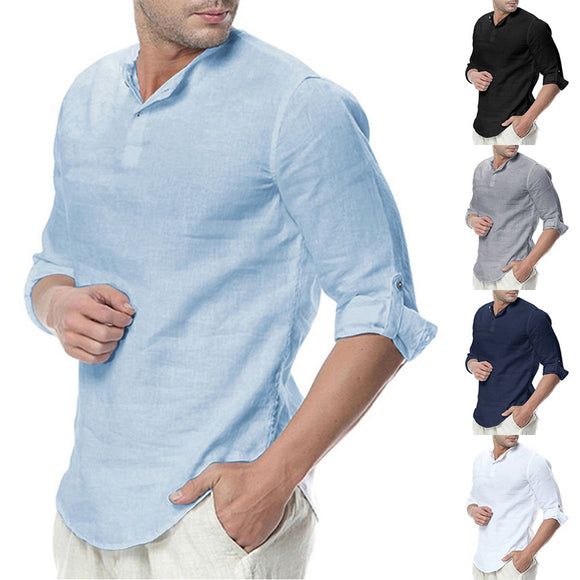 Men's Summer Cotton Linen Long Sleeve Breathable Shirts Solid Style