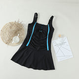 Women Skirt Style One Piece Solid Color Pleated Suspenders Swimsuit