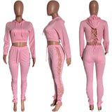 Women Two Piece Set Backless Hollow Out Bandage Solid Color Tracksuit