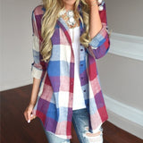 Women Color Patchwork Long Sleeve Button Loose Plaid Shirt Top