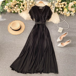 Women Neploe Slim Fit Long Chiffon Pleated Solid Color Elegant V-neck Drawstring New French Style Dress