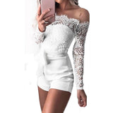 Women Off Shoulder Long Sleeve Sheer Lace Hollow Out Skinny Romper