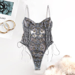 Women Underwear Lingerie Corset Lace Mesh Sleepwear Embroidered Strap