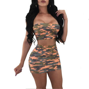 Women Camouflage Strapless Crop Top Mini Skirt Two-Piece Set