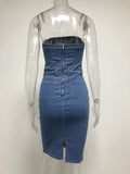 Women Denim Slash Neck Strapless Bodycon Sleeveless Jeans Dress