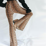 Women Leopard Animal Print Flare Pants High Waist Trousers