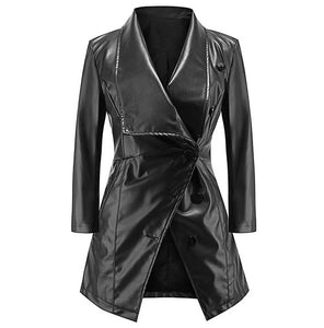 Women Medium Long Sleeves Large Lapel Leather Temperament Buttons PU Jacket