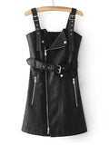 Women PU Leather V Neck Mini Sash Zipper Sundress Vestidos