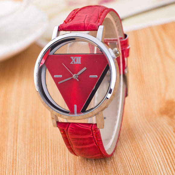 Simple PU Leather Double Sided Hollow Through Bottom Triangle Watch