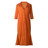 Women Button Side Split Short Sleeve Long Solid Loose Dress