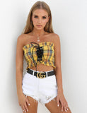 Plaid Ruffle Lace Up Tank Top Boho Yellow Crop Off Shoulder Backless