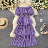 Women Glamorous Slim Fairy Slash Neck Short Sleeve Cake Knee-Length Robe Dress