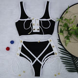 Sporlike Black White Lace High Waist Swimsuit Bikini Set Push Up Suit