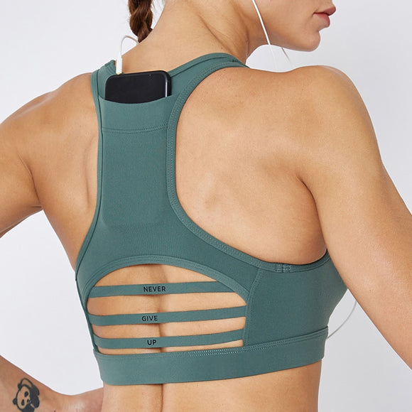 Women Back Pocket Absorb Sweat Sports Bra Seamless Backless Mesh Padded Vest Top