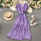 Women Neploe Slim Fit Long Chiffon Pleated Solid Color Elegant V-neck Drawstring New French Style Dress