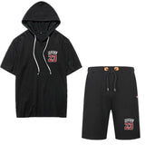 Men Sporting Suit Short Sleeve Hooded T Shirt Bottoms Two Piece Cotton Tracksuits