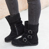 Buckled Calf Women's Boots Warm Zipper Plain Flat Shoes Large Size
