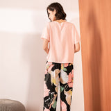 Women Floral Printed V Neck Short Sleeve Elastic Waist Nightwear Retro Pajamas Set