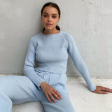 Women Cryptographic Knitted Top Pant Two Piece Loungewear Matching Set