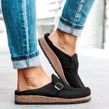 Women PU Slippers Solid Buckle Flats Shoes Slip-On Sandals