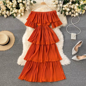 Women Glamorous Slim Fairy Slash Neck Short Sleeve Cake Knee-Length Robe Dress