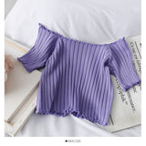Women Off Shoulder Knitting Crop Short Sleeve Stretchy Ruffles Top