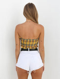 Plaid Ruffle Lace Up Tank Top Boho Yellow Crop Off Shoulder Backless