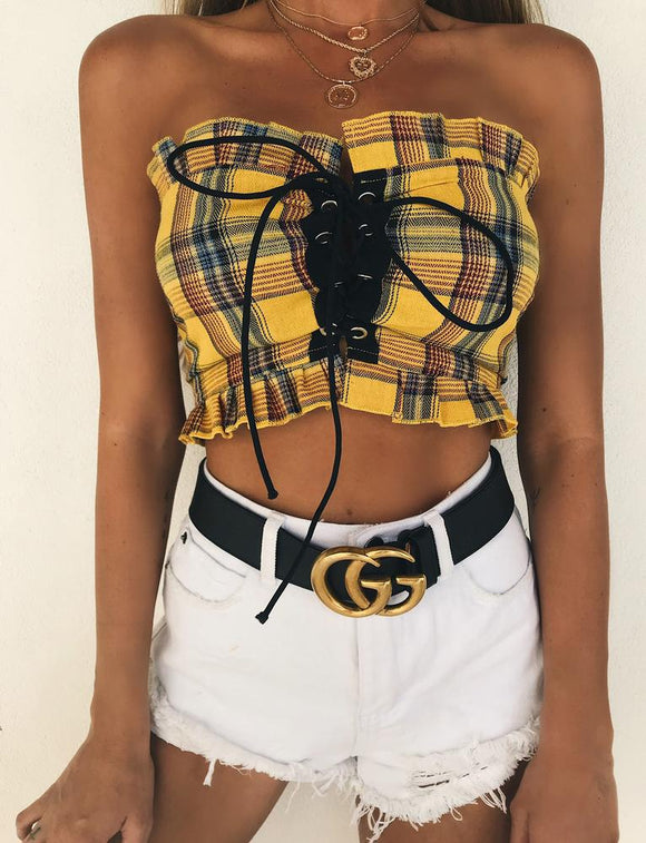 Plaid Ruffle Lace Up Tank Top Boho Yellow Crop Off Shoulder Backless