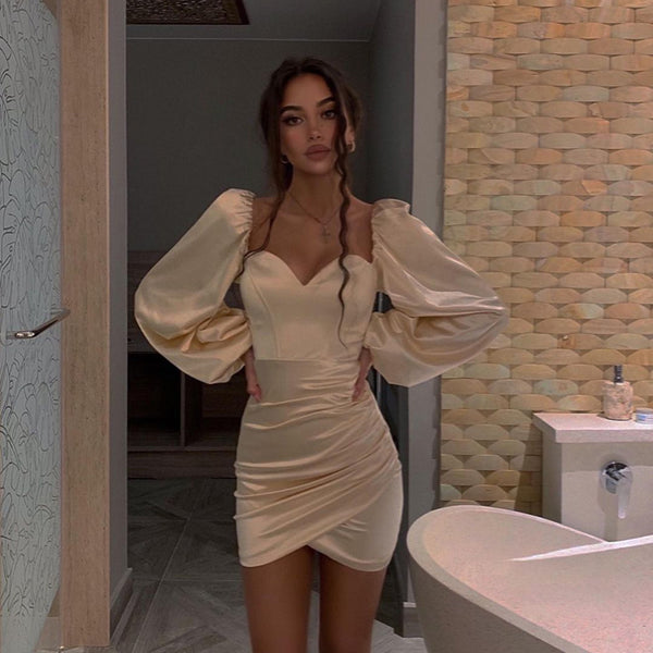 ruched lantern sleeve solid bodycon dress elegant stylish solid color v neck lantern sleeve ruched