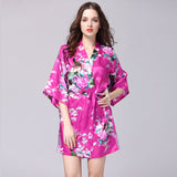 Women Faux Silk Robe Satin Large Size Floral Bathrobe Short Nightwear Pajamas Kimono