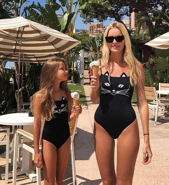 Mother Daughter 3D Black Cat Bikini Monokini One-Piece Family Matching Swimsuit
